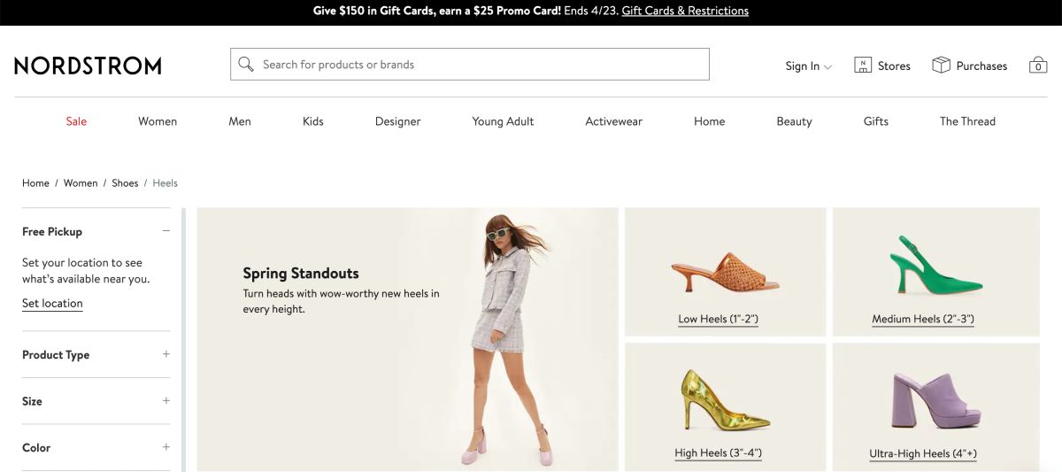 Sito web di Nordstrom con le scarpe