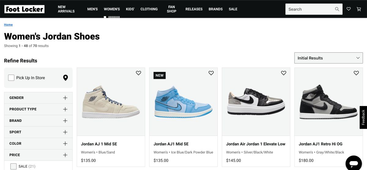 Sito web di Foot Locker con le scarpe