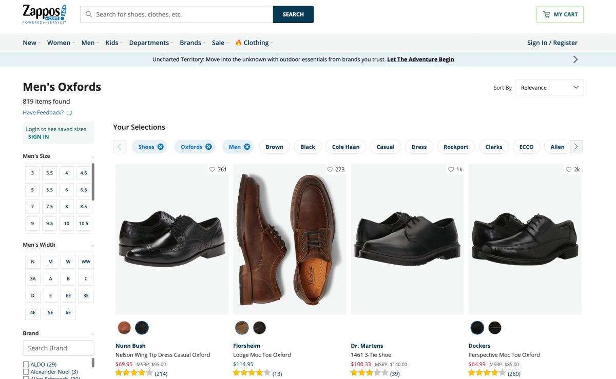 Sito web di Zappos con scarpe