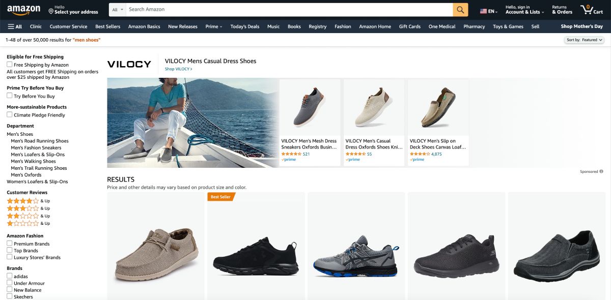 Sito web di Amazon con scarpe