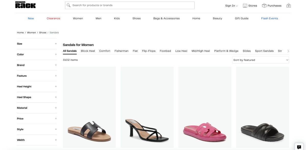 Sito web di Nordstrom Rack con le scarpe