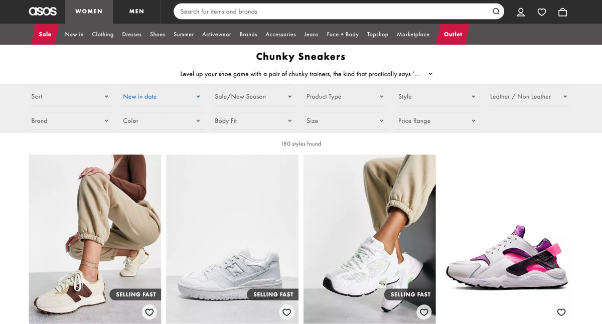 Sito web di ASOS con le scarpe