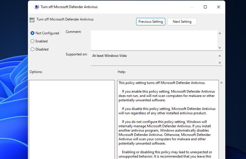 Finestra dei criteri Disattiva Microsoft Defender Antivirus 
