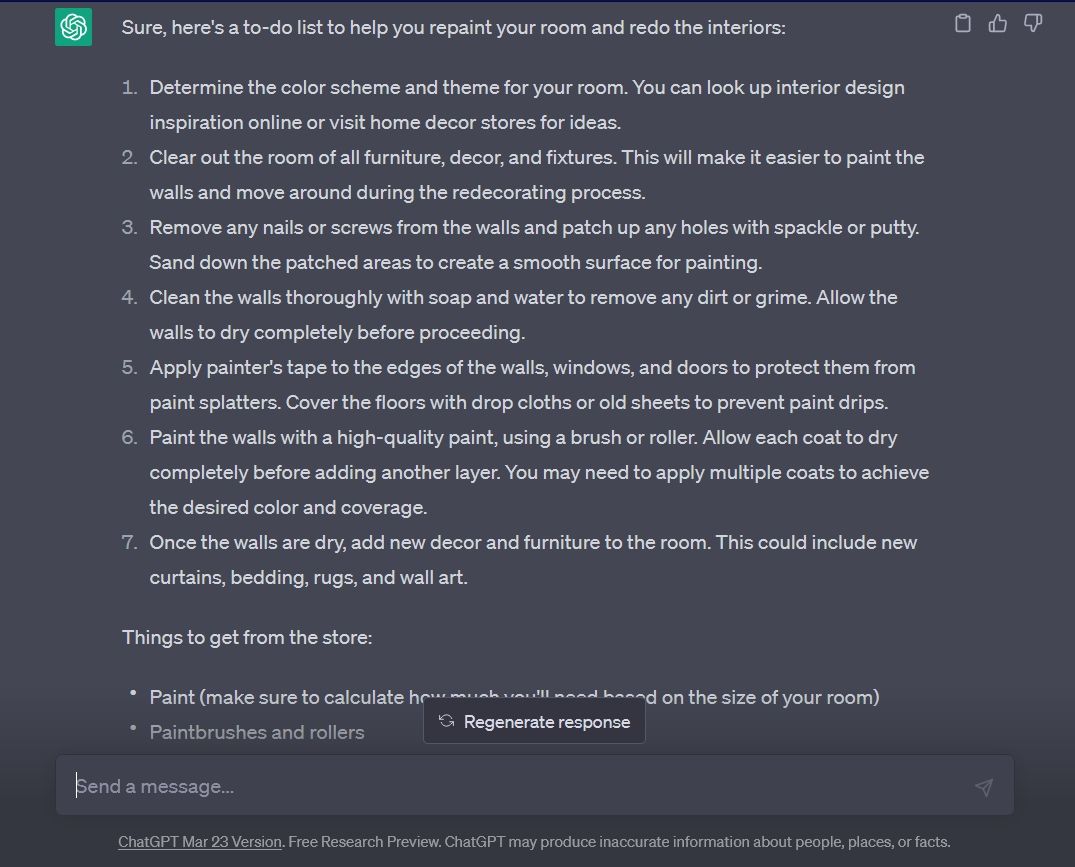 ChatGPT fornisce un elenco di cose da fare per rifare gli interni domestici