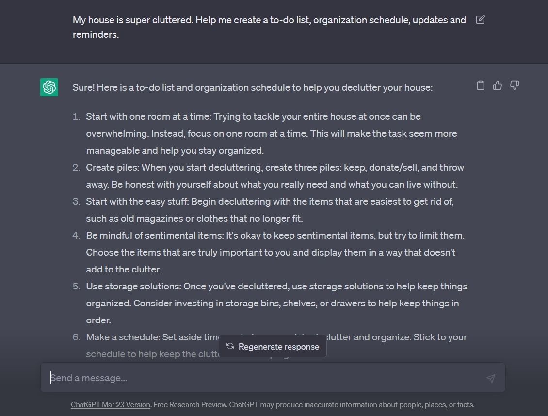 ChatGPT fornisce un piano di organizzazione domestica personalizzato