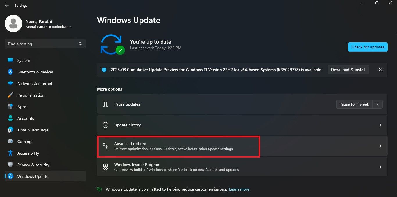 Opzioni avanzate in Windows Update