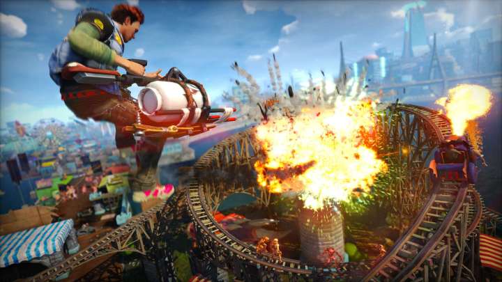 Un personaggio spara un gigantesco esplosivo in Sunset Overdrive.