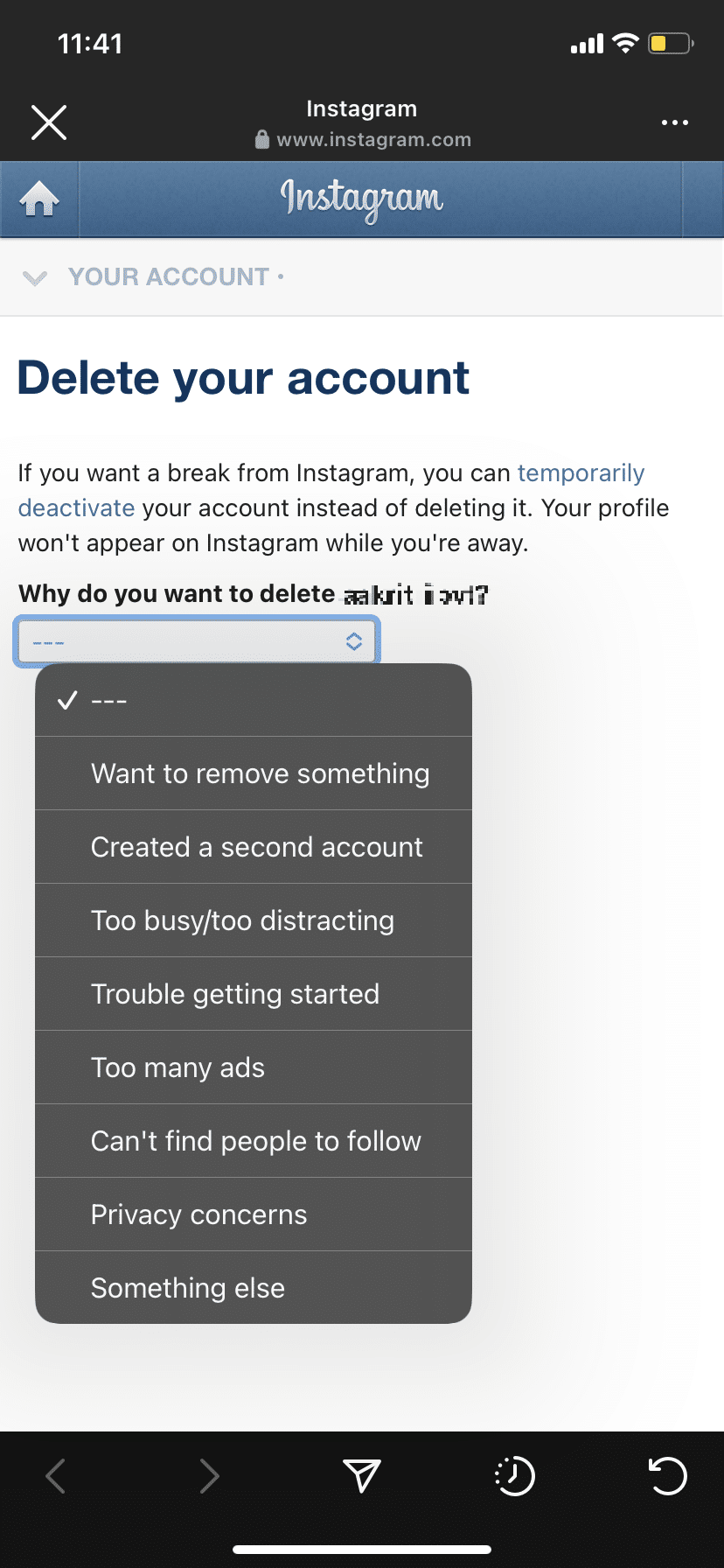 Scegli un motivo | come eliminare l'account Instagram su iPhone