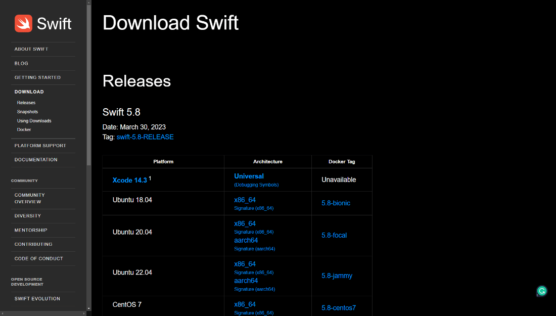 Vai alla pagina di download di Swift e scarica il compilatore Swift e tutti gli altri componenti richiesti.