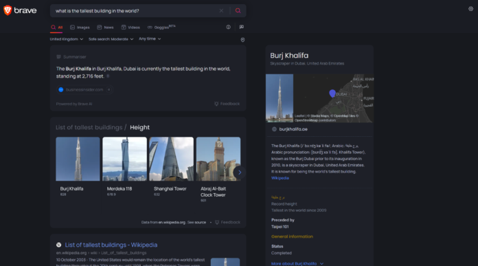 Brave Search Strumento Summarizer basato sull'intelligenza artificiale che mostra informazioni sull'edificio più alto del mondo