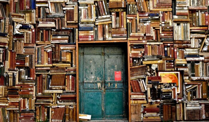 Una biblioteca con una porta blu al centro