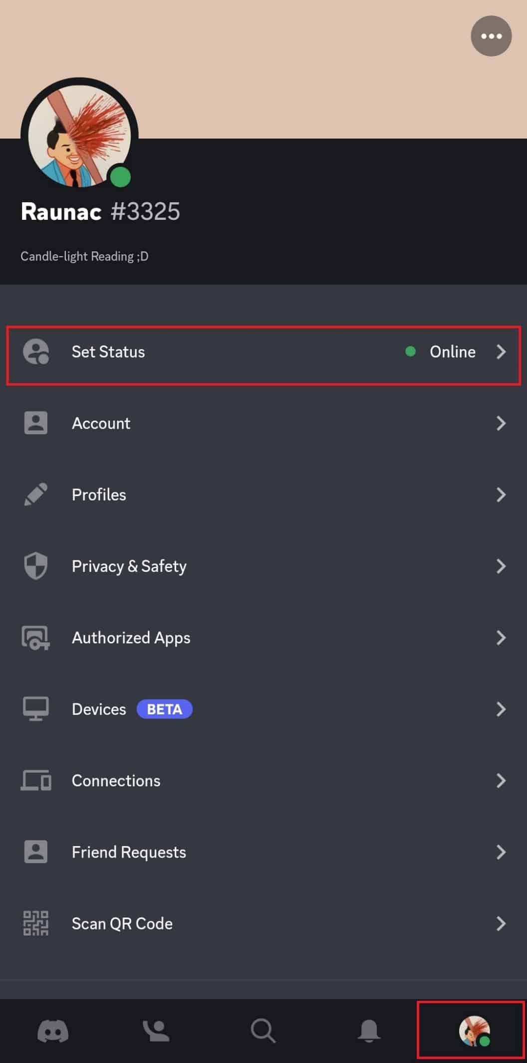 Imposta l'opzione Stato su Discord mobile