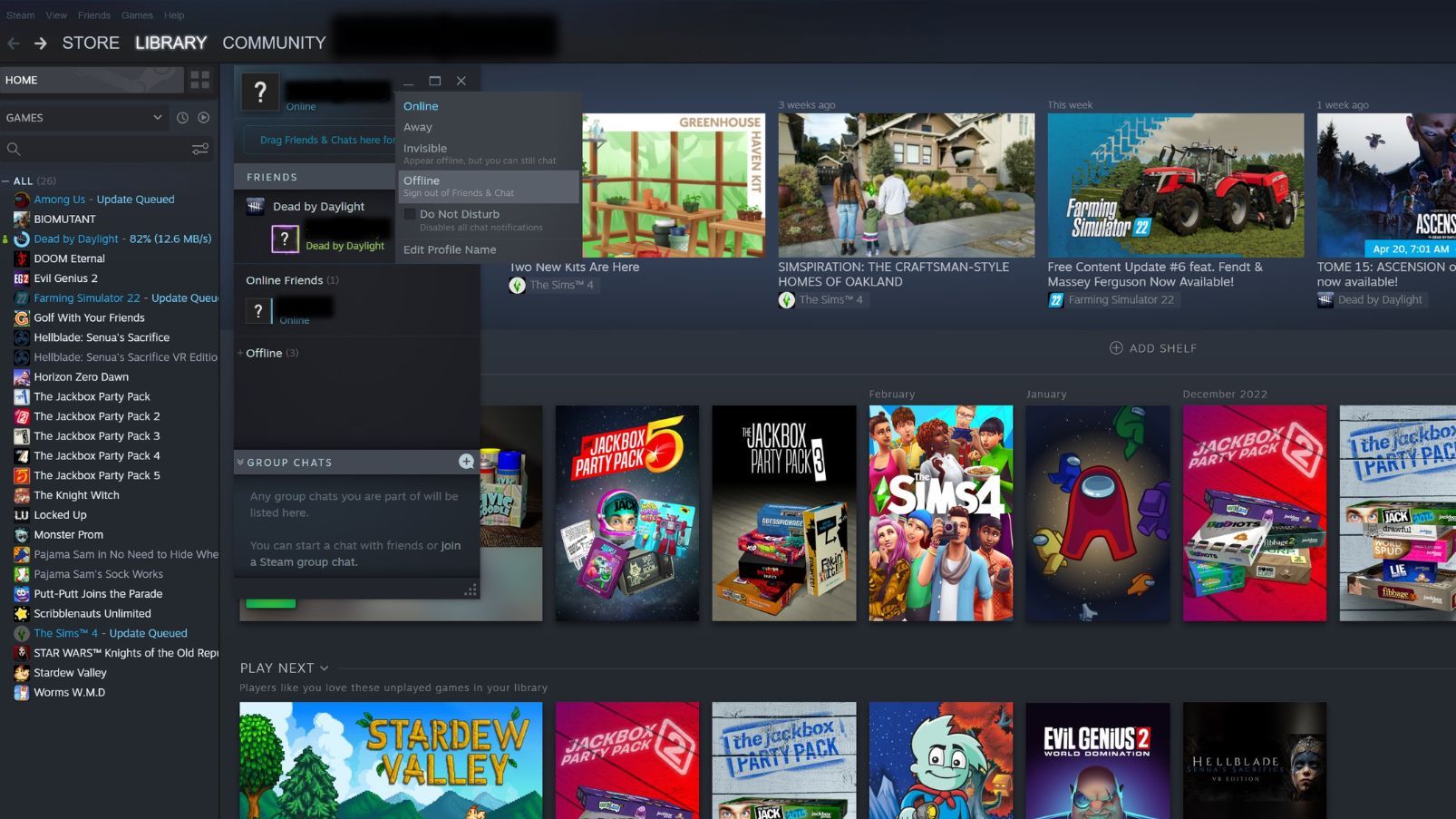 Menu degli amici di Steam Impostazioni online