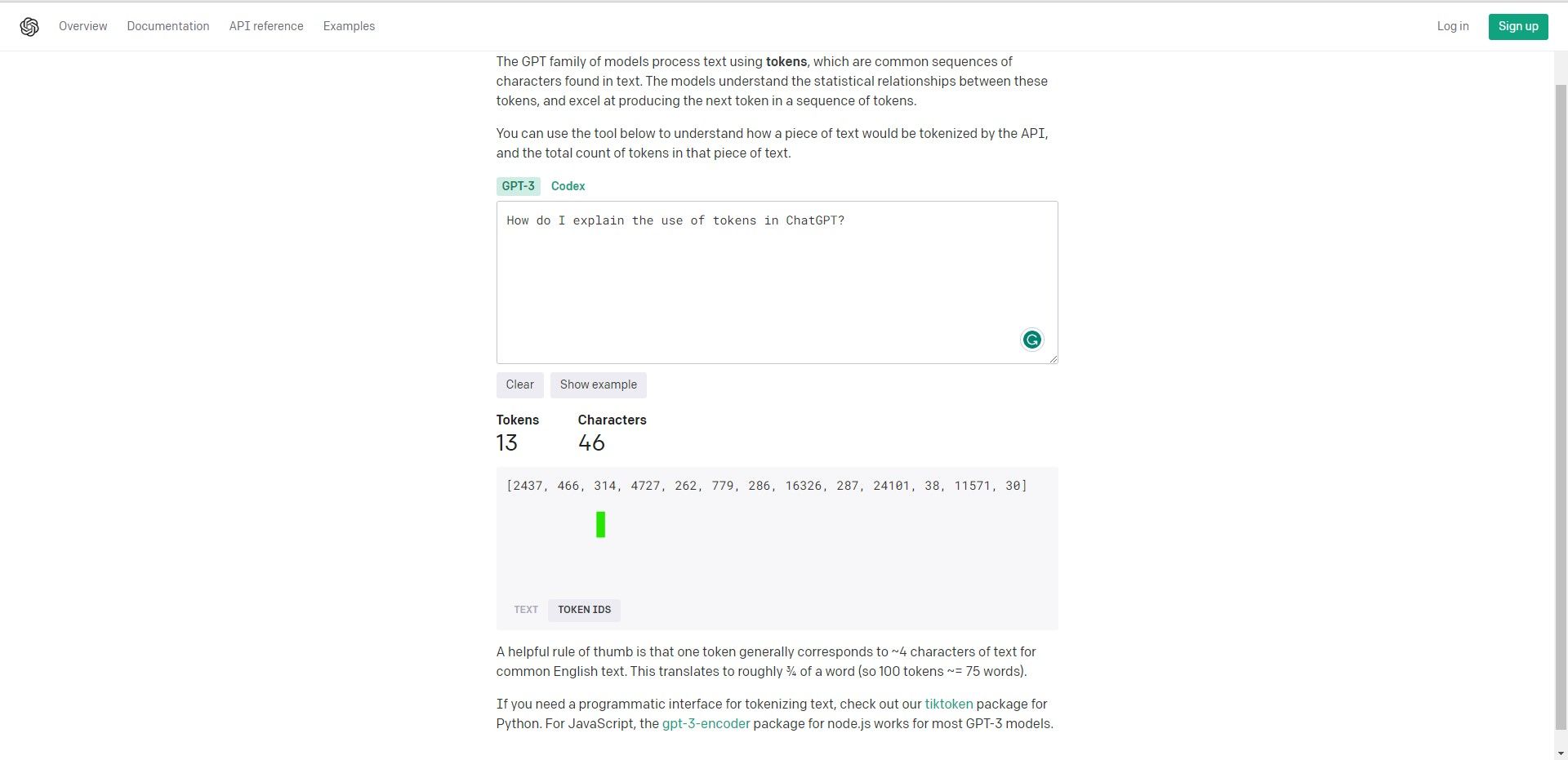 Calcolo del tokenizer dal sito web di OpenAI