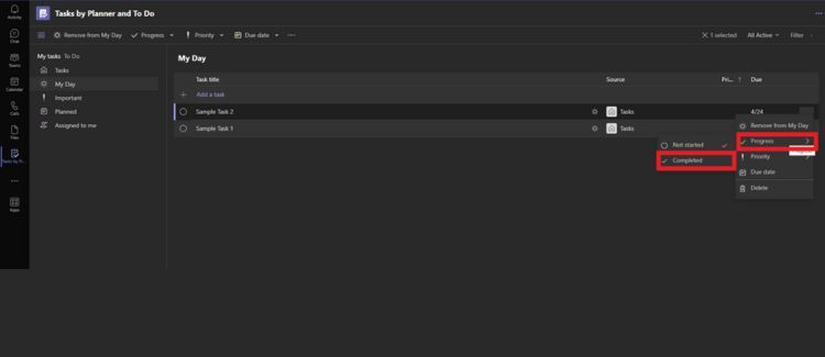Completamento dell'attività in Microsoft Teams My Day View facendo clic su tre punti accanto all'attività sulla destra, selezionando l'avanzamento e premendo Completato