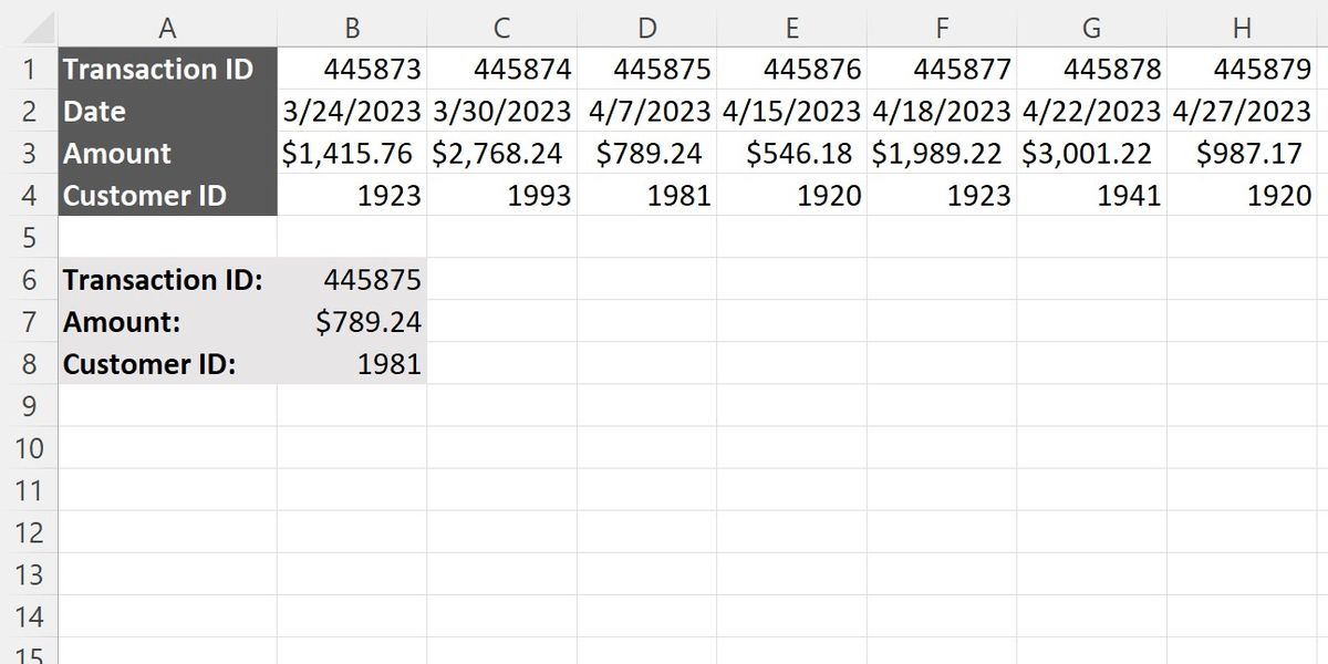 Un registro delle vendite di base in Excel con una query basata sul numero di transazione.