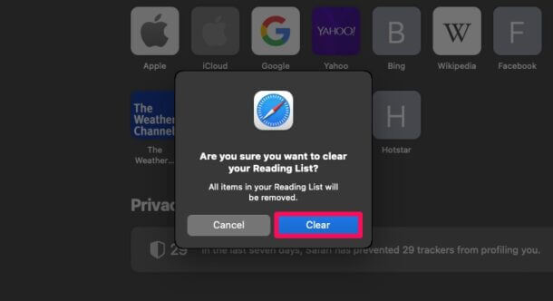 Conferma prima di pulire l'elenco di lettura in Safari