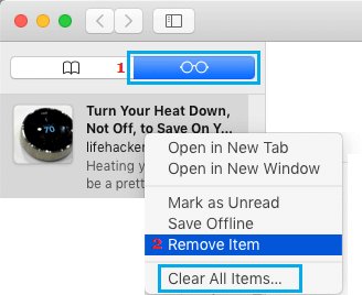 Icona di vetro in Mac Safari - Come eliminare l'elenco di lettura su Safari 