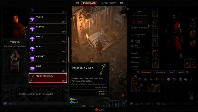 Menu del fornitore di curiosità in Diablo 4