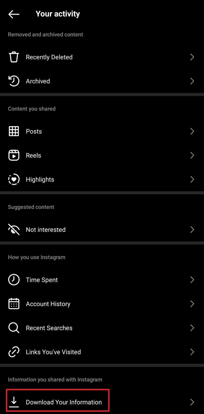 Scorri verso il basso e tocca Scarica le tue informazioni. | Come recuperare manualmente i messaggi diretti di Instagram cancellati?