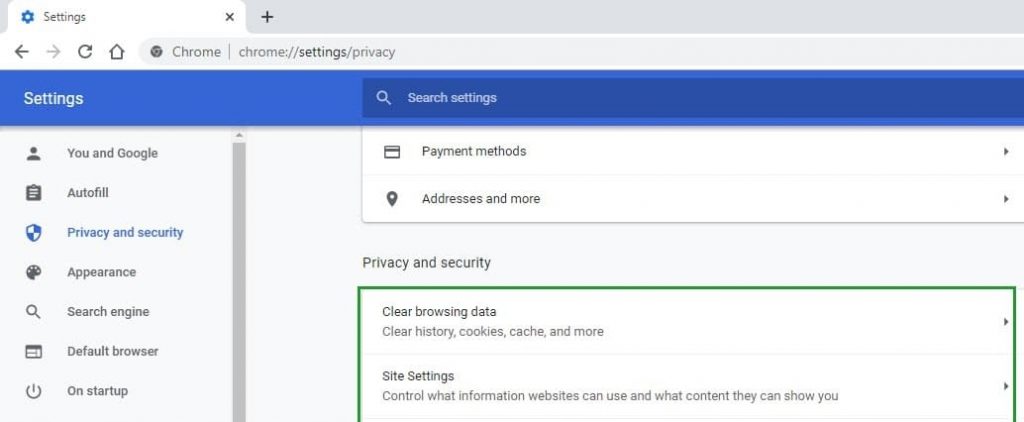 Scheda Privacy e sicurezza in Chrome - Come rimuovere Yahoo Search da Safari 