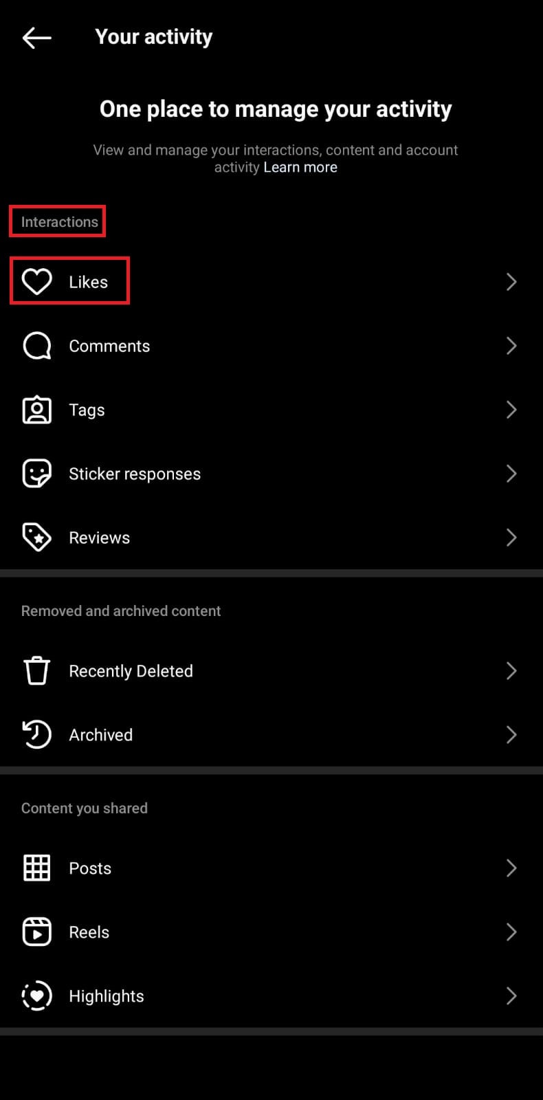 In Interazioni, tocca Mi piace. | come vedere i profili che ho visitato su instagram