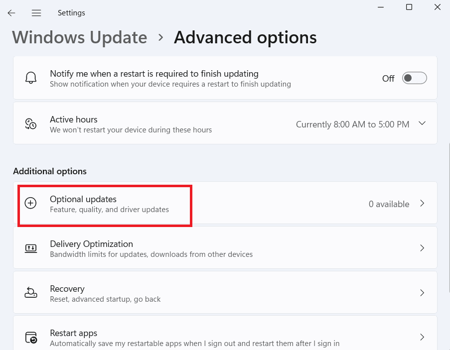 Fare clic su Aggiornamenti facoltativi.