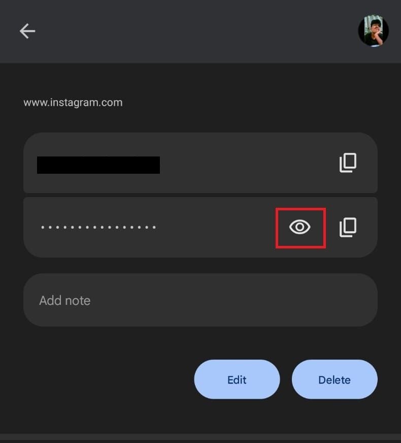 Ora tocca l'icona dell'occhio sotto il nome utente del tuo account Instagram per vedere la sua password. | come vedere la tua password di Instagram