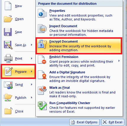 Scegli Prepara dal riquadro a sinistra - fai clic su Crittografa documento | Come proteggere le celle in Excel senza proteggere il foglio