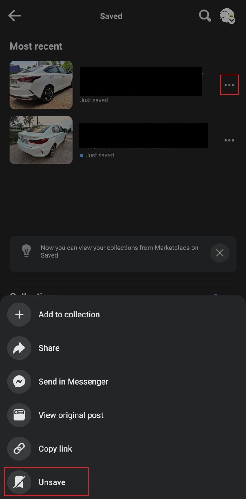 Tocca l'icona dei tre punti orizzontali accanto all'elemento che desideri eliminare e scegli Non salvare. | come eliminare gli articoli salvati sul marketplace di facebook