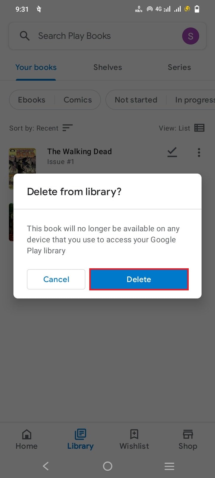 Selezionare Elimina per eliminare i libri dalla cronologia | elimina la cronologia degli acquisti di Google Play