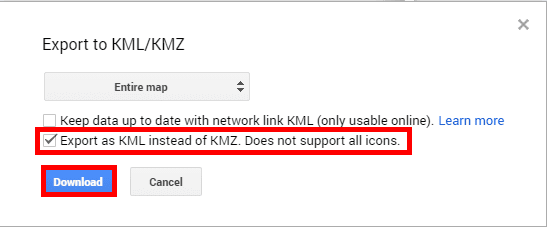 Seleziona la casella per selezionare il formato KML anziché KMZ e fai clic sul pulsante Download | Come scaricare file KML da Google Maps