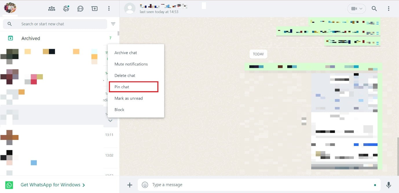 Scegli Blocca chat | Messaggio pin di WhatsApp nella chat personale e di gruppo