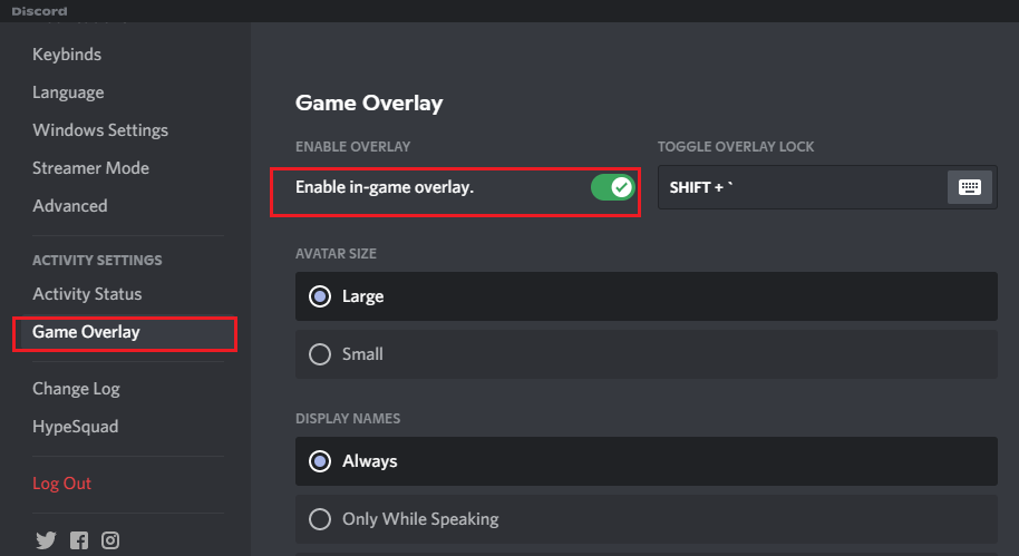 Disattiva l'opzione intitolata Abilita overlay in-game