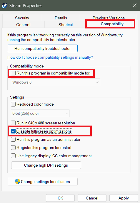 Nella scheda Compatibilità, deseleziona la casella accanto a Esegui questo programma in modalità compatibilità per e seleziona la casella accanto a Disattiva ottimizzazioni a schermo intero | L'errore fatale di Finals su Steam