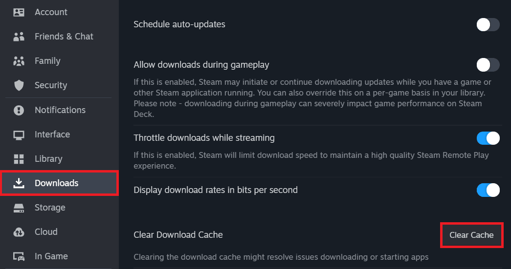 Fare clic su Cancella cache accanto a Cancella cache download. | L'errore fatale di Finals su Steam