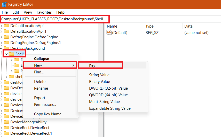 Nel pannello di sinistra, fare clic con il pulsante destro del mouse su Shell, selezionare Nuovo dal menu contestuale, seguito da Chiave.