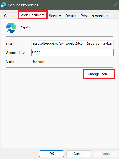 Vai alla scheda Documento Web e fai clic sul pulsante Cambia icona.... | Crea un collegamento sul desktop Copilot su Windows 11 