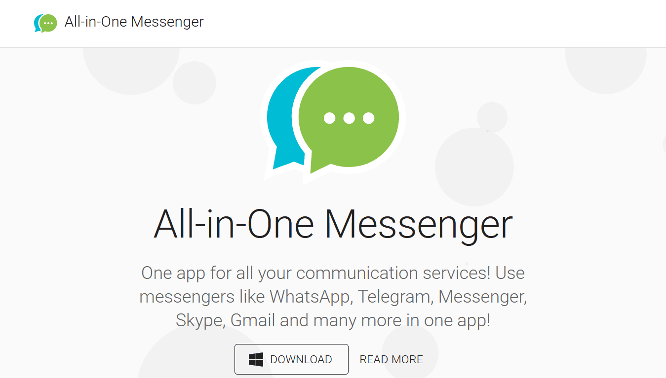 Schermata della home page del sito Web di All-in-One Messenger