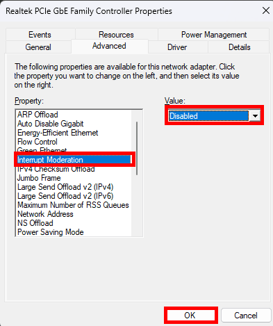 Cerca le proprietà relative all'unione dei pacchetti, come la moderazione degli interrupt o l'unione dei pacchetti. Selezionalo e scegli Disabilita per disattivare la coalescenza dei pacchetti D0. | Correggi l'elevata latenza DPC su Windows 11