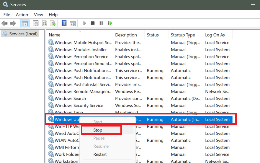 Scorri verso il basso e controlla lo stato accanto a Windows Update. Se mostra In esecuzione, fai clic con il pulsante destro del mouse su di esso e seleziona Interrompi dal menu contestuale