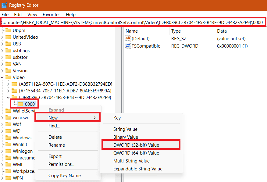 Spostarsi sul percorso indicato. Fare clic con il tasto destro sulla chiave 0000, fare clic su Nuovo, quindi selezionare Valore DWORD (32 bit) dal menu contestuale