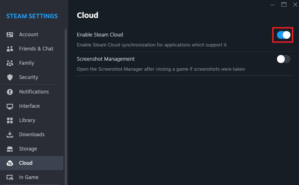 Attiva l'interruttore per Abilita Steam Cloud