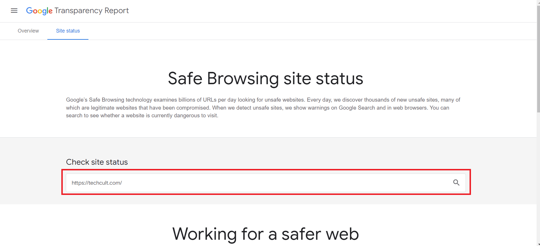 fare clic sull'icona di ricerca | Controllo di sicurezza dell'URL del sito Web di Google