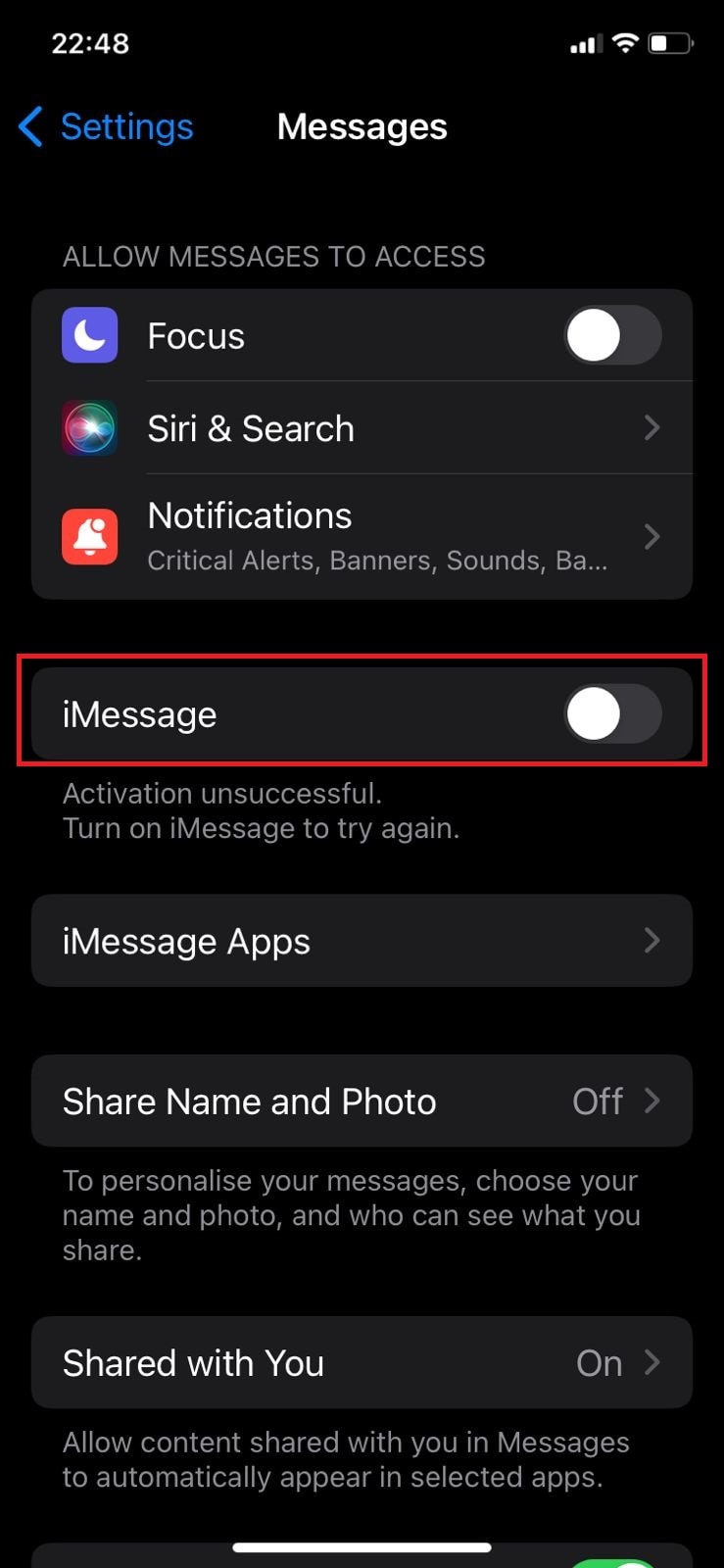 Disattiva l'opzione per iMessage