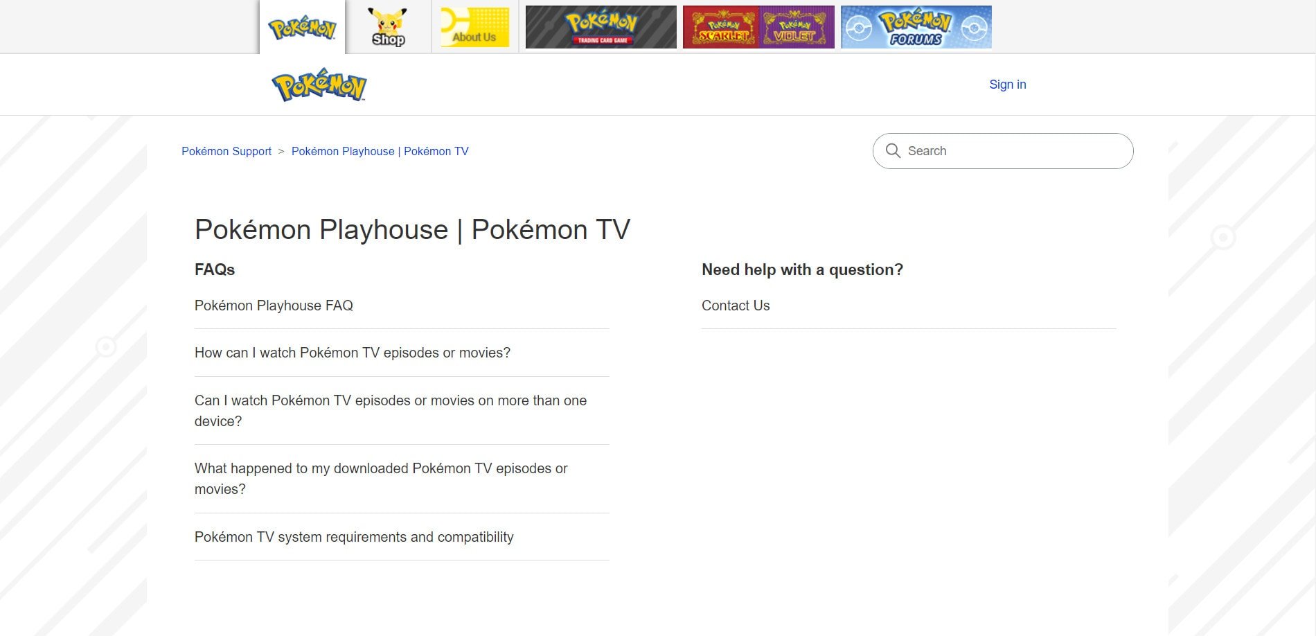 Pagina di supporto di Pokemon TV