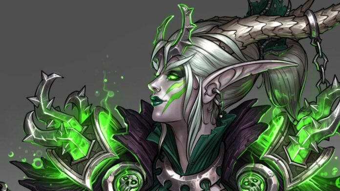 La Spada d'Ebano di Warcraft in un cosplay di Ysera in forma umana avvolta nel buio