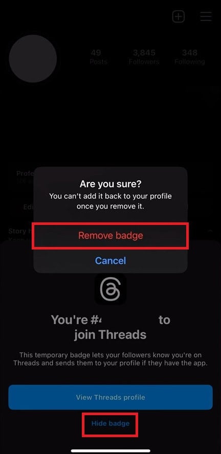 Seleziona Rimuovi badge | Come nascondere il badge dei thread sul profilo Instagram