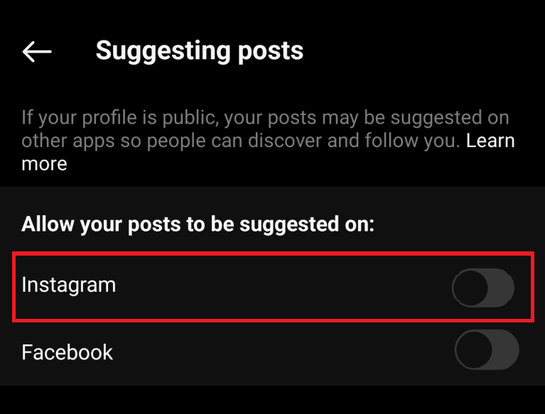 Disattiva l'opzione per Instagram