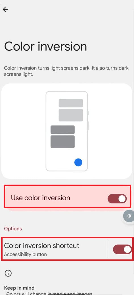 Attiva l'opzione per usare l'inversione dei colori